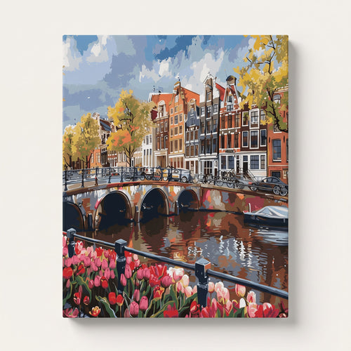 Peinture par numéro adulte Canal d'Amsterdam aux Tulipes, visuel complet du design sur toile — Maison Artsen