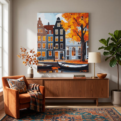 Tableau peinture par numéro Canal d'Amsterdam en Automne accroché dans un intérieur décoré — Maison Artsen