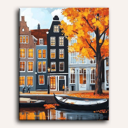 Peinture par numéro adulte Canal d'Amsterdam en Automne, visuel complet du design sur toile — Maison Artsen
