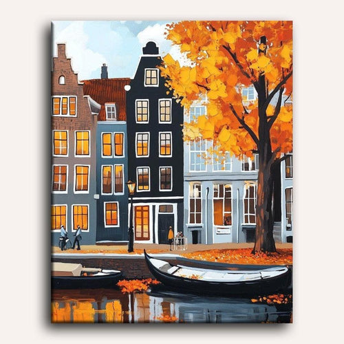 Peinture par numéro adulte Canal d'Amsterdam en Automne, visuel complet du design sur toile — Maison Artsen