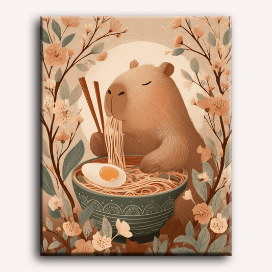 Peinture par numéro adulte Capybara Gourmand, visuel complet du design sur toile — Maison Artsen