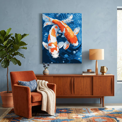 Tableau peinture par numéro Carpes Koï accroché dans un intérieur décoré — Maison Artsen