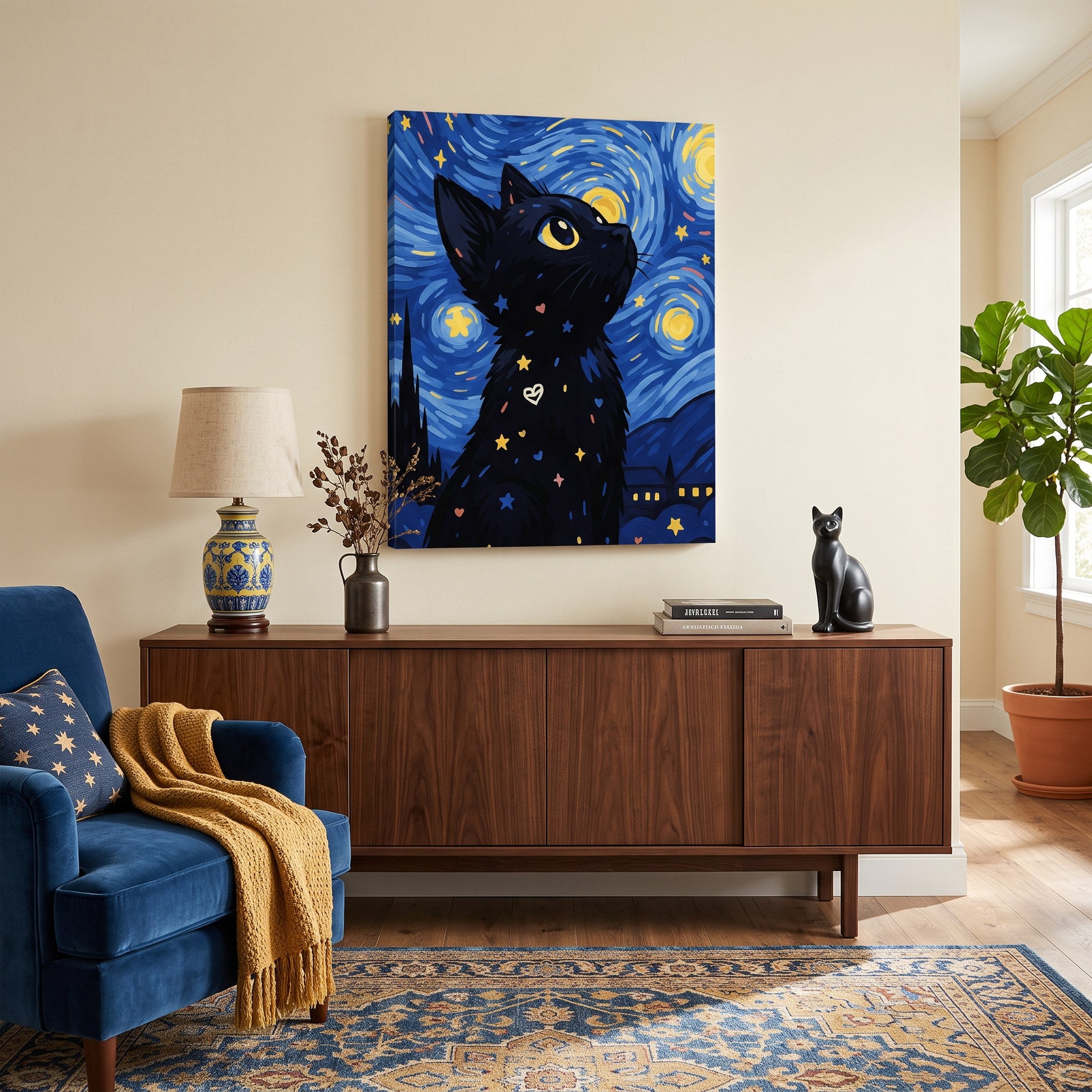 Tableau peinture par numéro Chat dans la nuit étoilée accroché dans un intérieur décoré — Maison Artsen