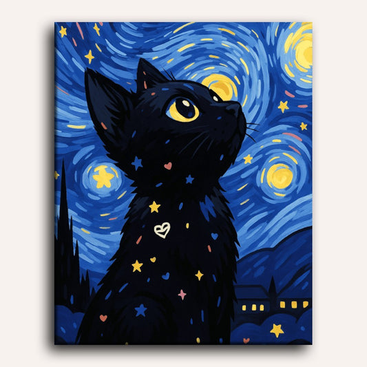 Peinture par numéro adulte Chat dans la nuit étoilée, visuel complet du design sur toile — Maison Artsen