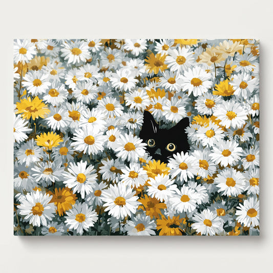Peinture par numéro adulte Chat dans les Marguerites, visuel complet du design sur toile — Maison Artsen