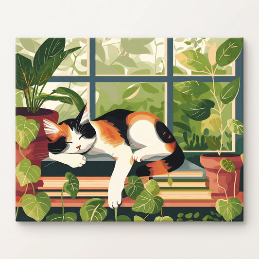Peinture par numéro adulte Chat Endormi à la Fenêtre, visuel complet du design sur toile — Maison Artsen