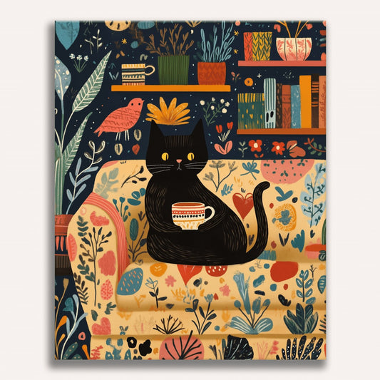 Peinture par numéro adulte Chat et café, visuel complet du design sur toile — Maison Artsen