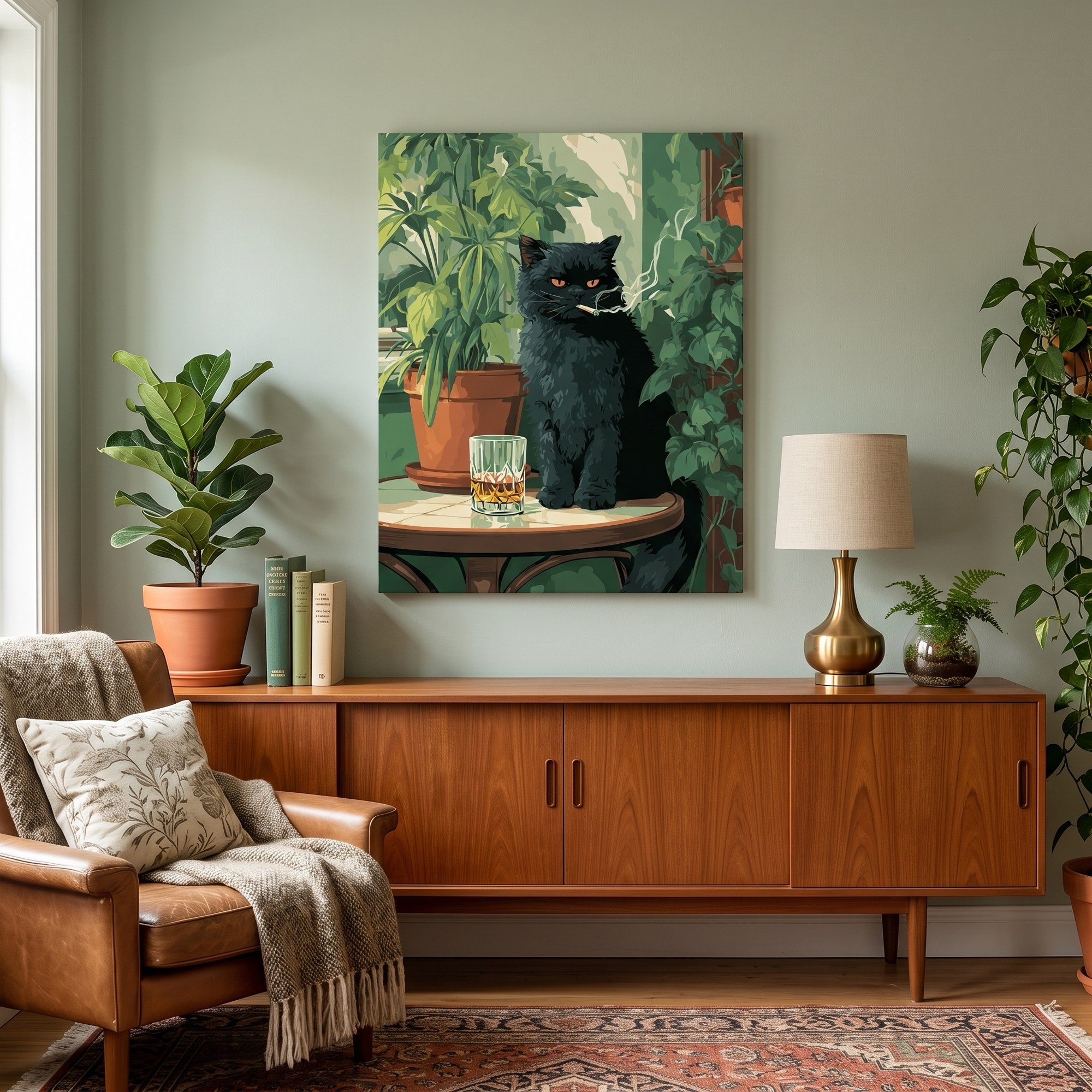 Tableau peinture par numéro Chat noir au bar accroché dans un intérieur décoré — Maison Artsen