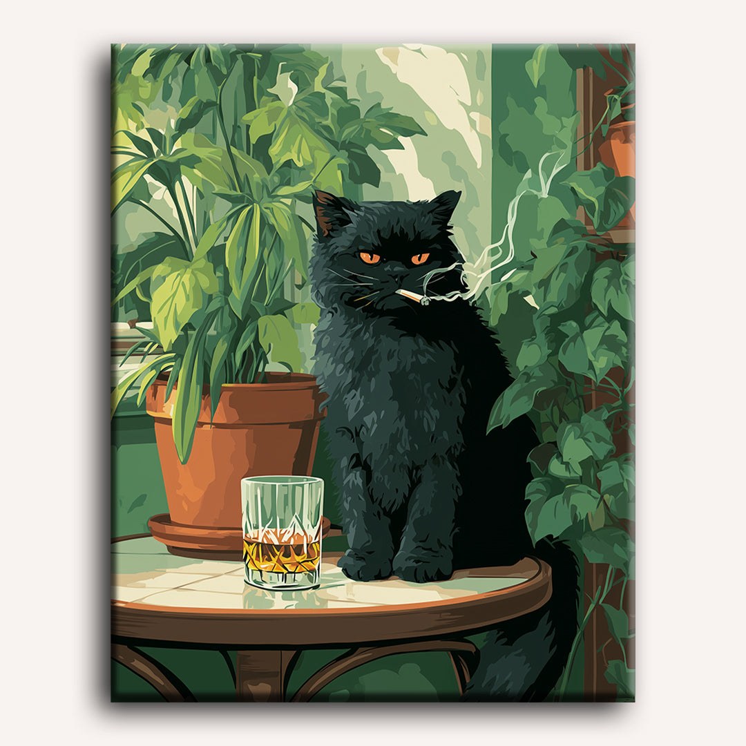 Peinture par numéro adulte Chat noir au bar, visuel complet du design sur toile — Maison Artsen
