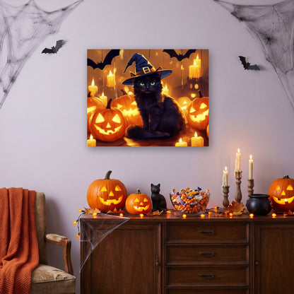 Tableau peinture par numéro Chat Noir aux Citrouilles accroché dans un intérieur décoré, Maison Artsen