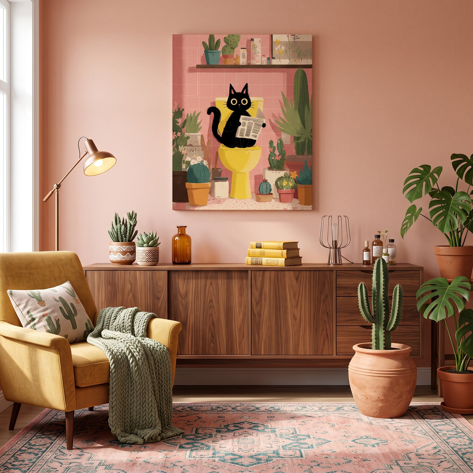 Tableau peinture par numéro Chat noir aux toilettes accroché dans un intérieur décoré — Maison Artsen