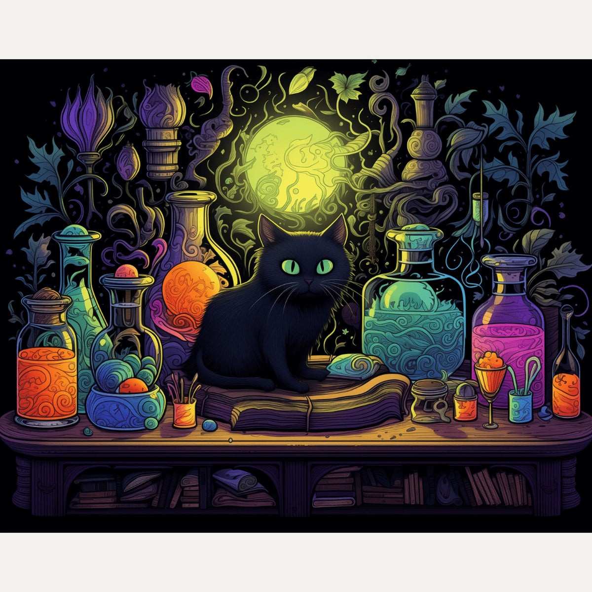 Peinture par numéro adulte Chat Noir et Potions, visuel complet du design — Maison Artsen