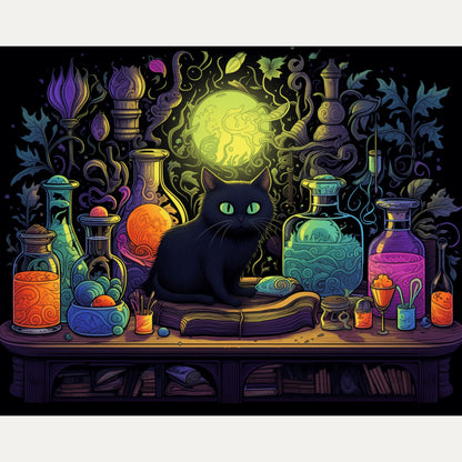 Peinture par numéro adulte Chat Noir et Potions, visuel complet du design — Maison Artsen