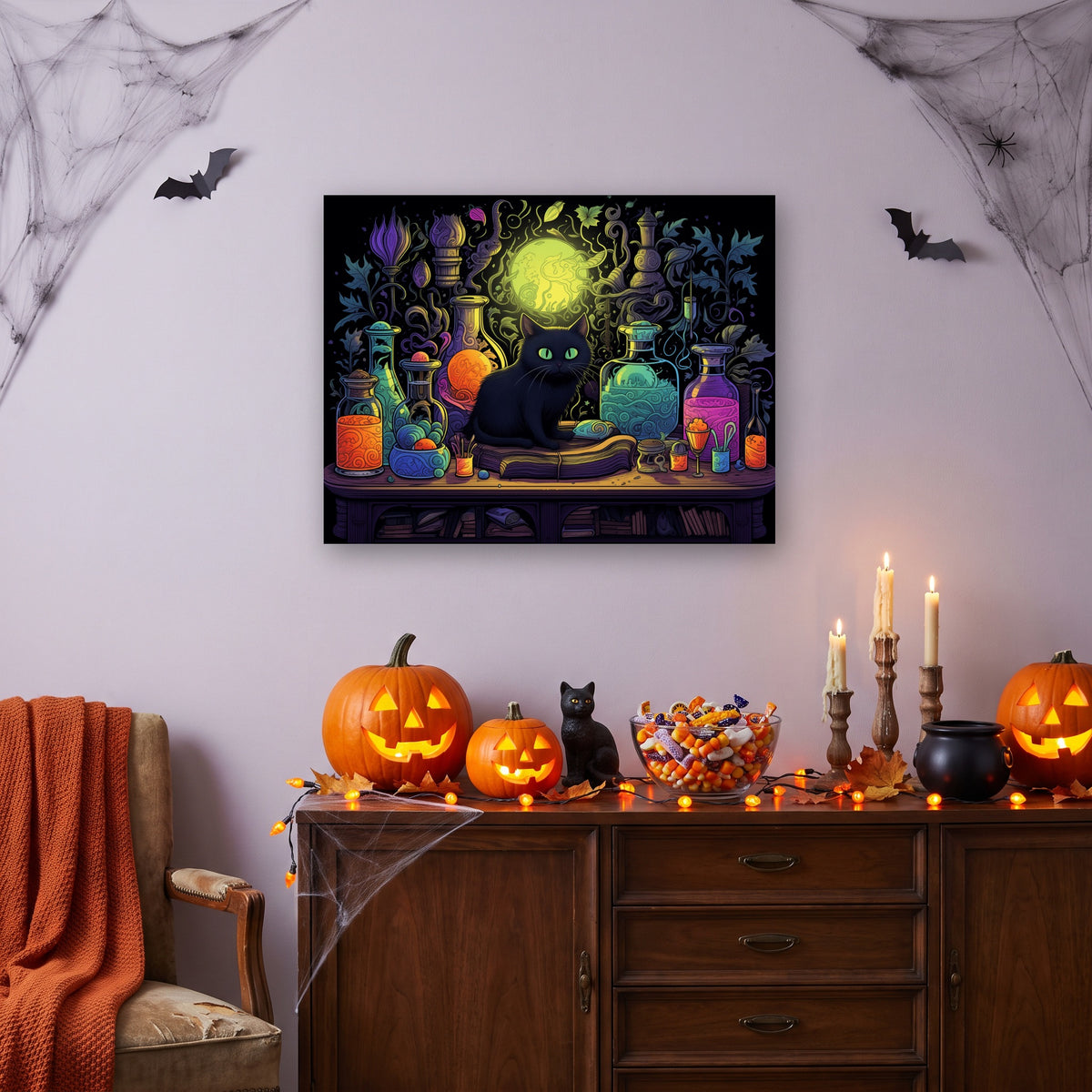 Tableau peinture par numéro Chat Noir et Potions accroché dans un intérieur décoré, Maison Artsen