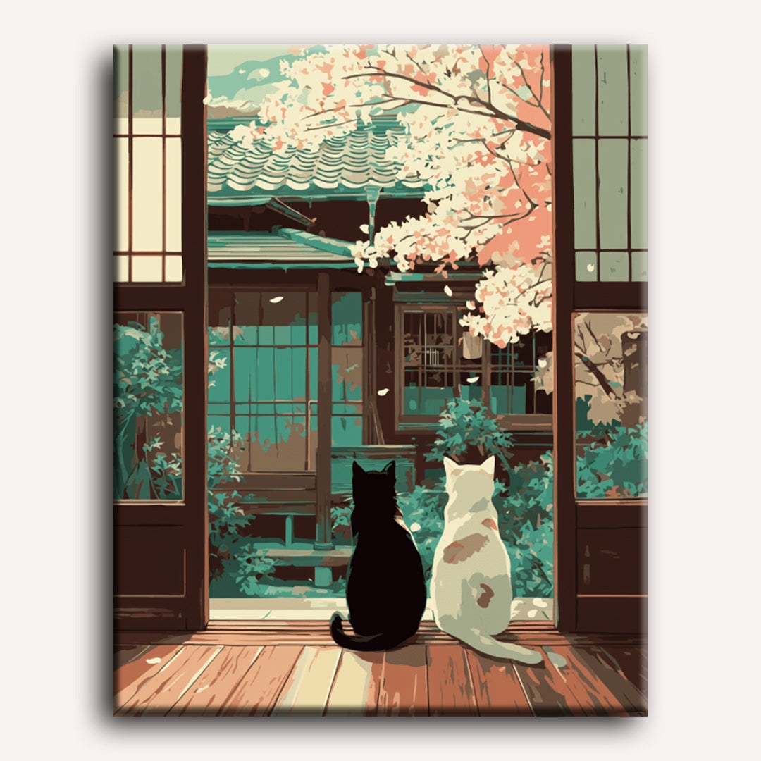 Peinture par numéro adulte Chats au Jardin Japonais, visuel complet du design sur toile — Maison Artsen