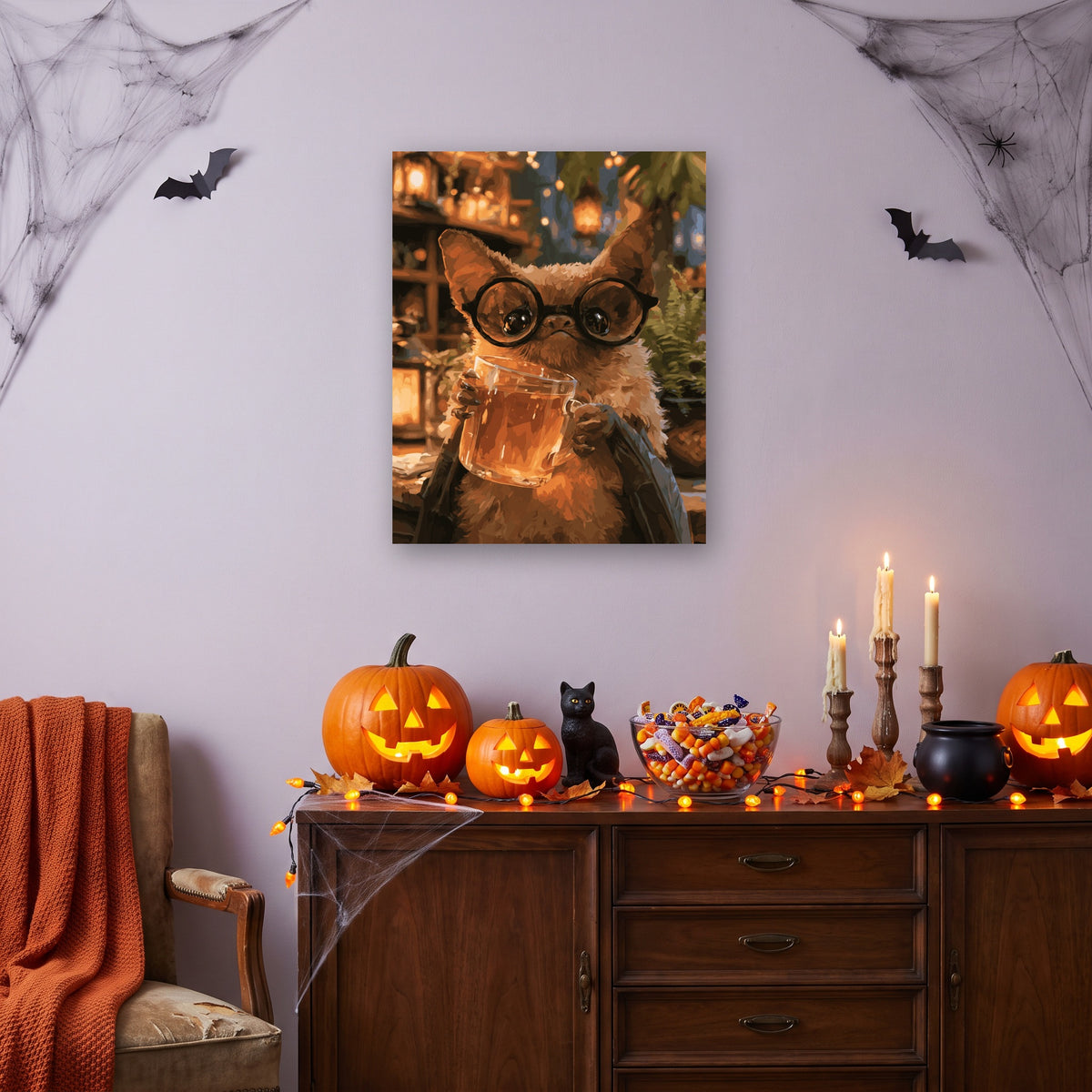 Tableau peinture par numéro Chauve-Souris à Lunettes accroché dans un salon décoré pour Halloween — Maison Artsen