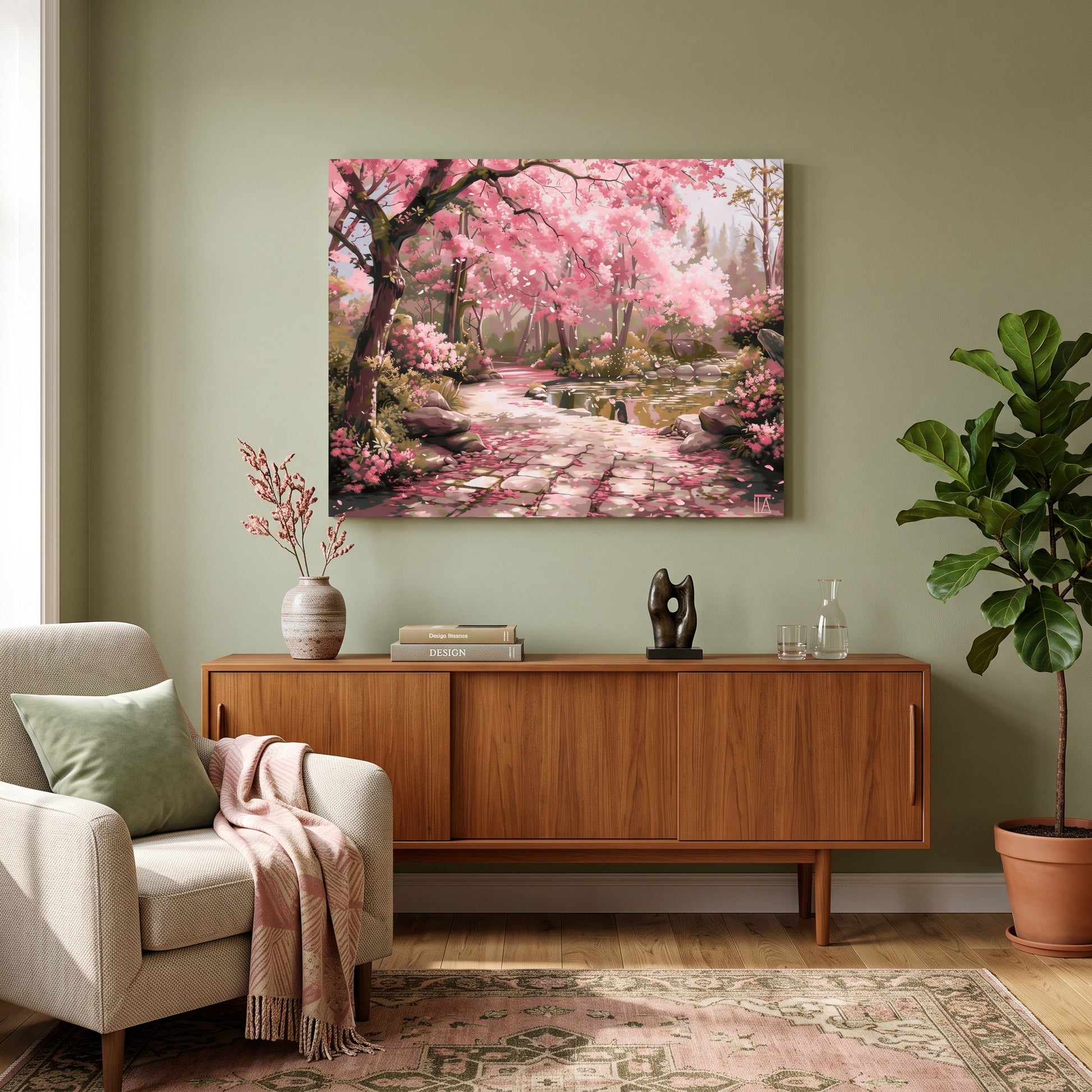 Tableau peinture par numéro Chemin de pierre aux cerisiers accroché dans un intérieur décoré — Maison Artsen
