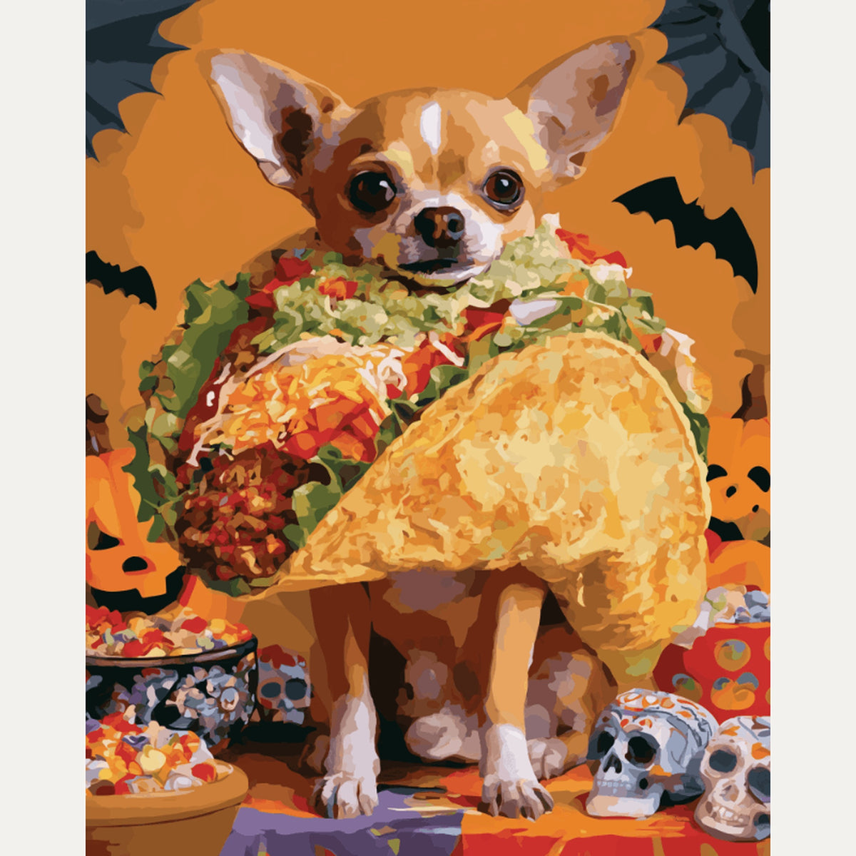 Peinture par numéro adulte Chihuahua en Taco, visuel complet du design — Maison Artsen