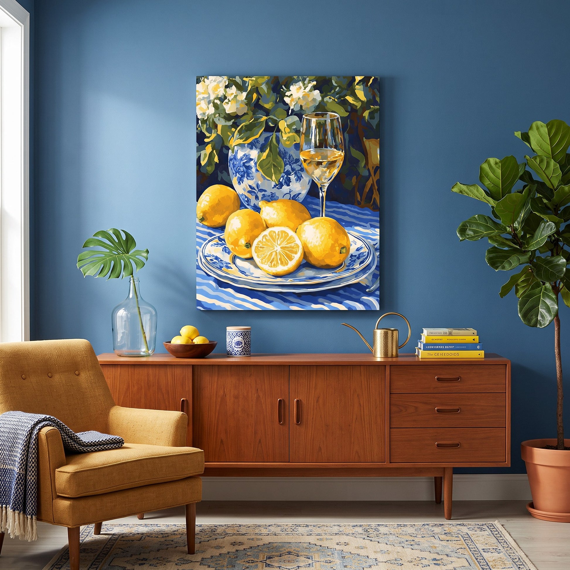 Tableau peinture par numéro Citrons et vin blanc accroché dans un intérieur décoré — Maison Artsen