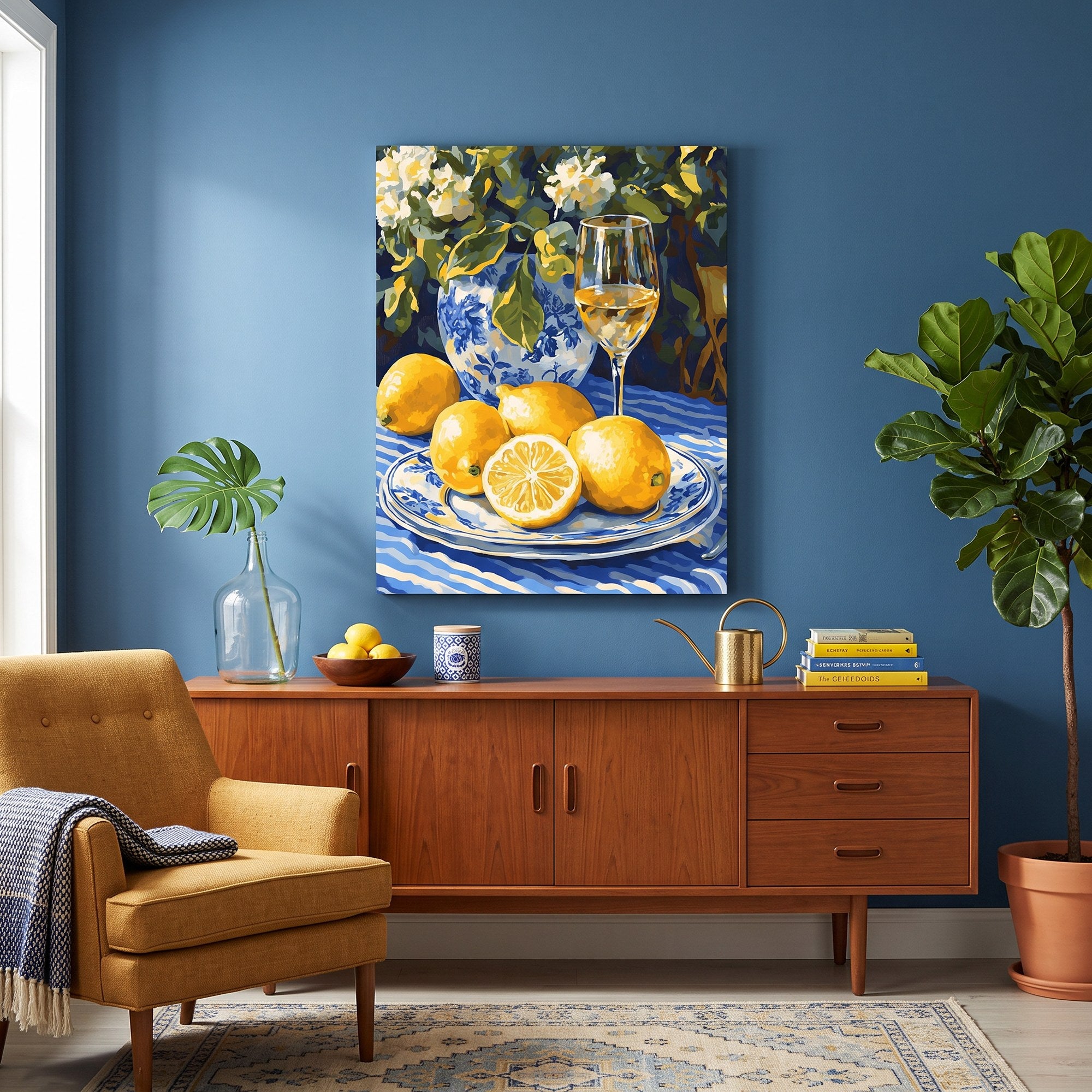 Tableau peinture par numéro Citrons et vin blanc accroché dans un intérieur décoré — Maison Artsen