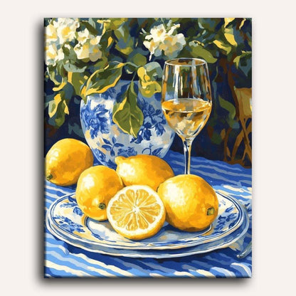 Peinture par numéro adulte Citrons et vin blanc, visuel complet du design sur toile — Maison Artsen