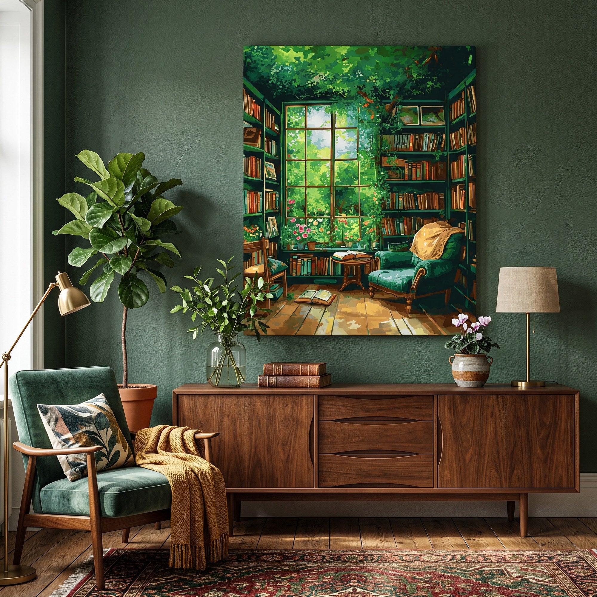 Tableau peinture par numéro Coin lecture verdoyant accroché dans un intérieur décoré — Maison Artsen