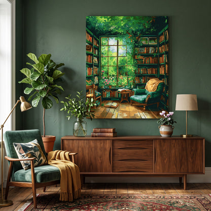 Tableau peinture par numéro Coin lecture verdoyant accroché dans un intérieur décoré — Maison Artsen