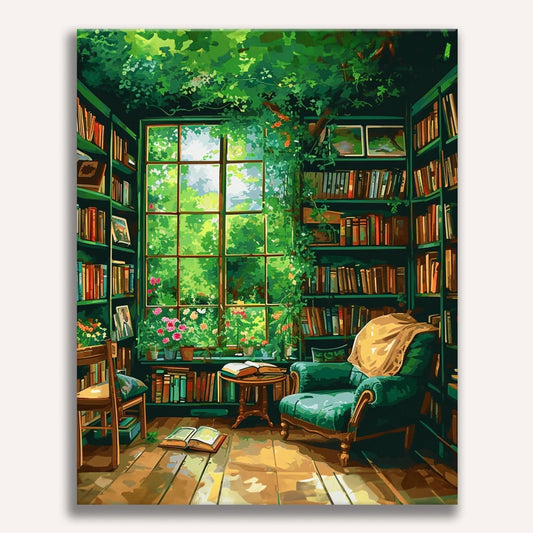 Peinture par numéro adulte Coin lecture verdoyant, toile tendue 30×40 cm — Maison Artsen