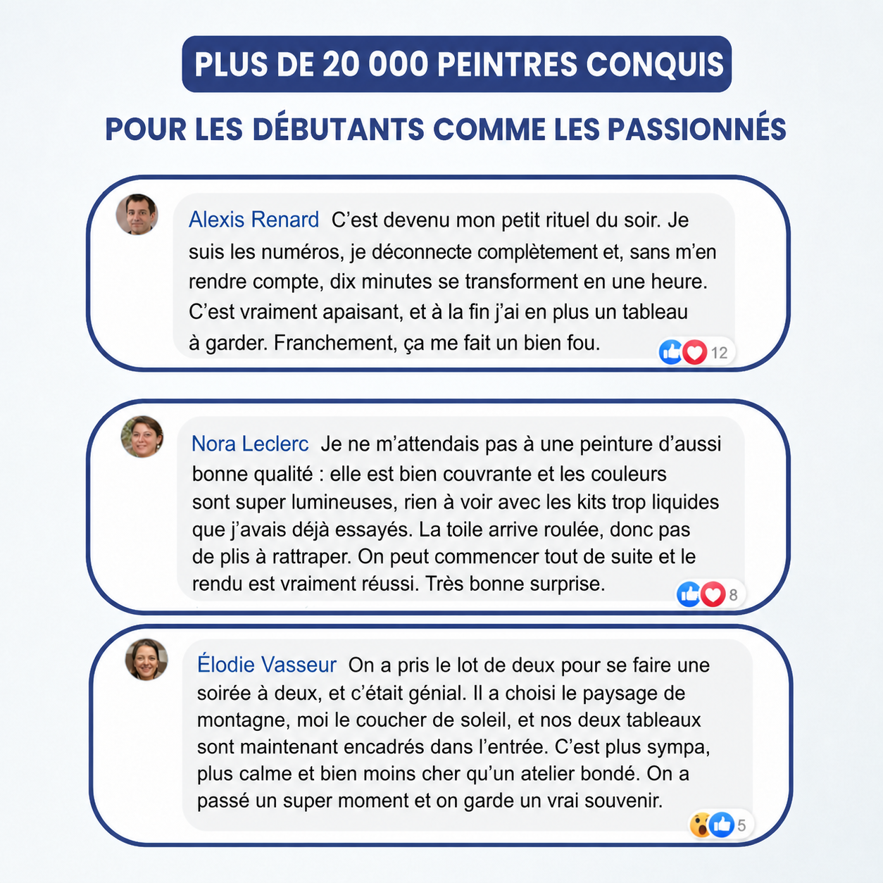 Commentaires de clients sur les kits de peinture par numéro Maison Artsen : un rituel du soir apaisant, une peinture couvrante aux couleurs lumineuses, une toile livrée roulée sans pli, et une soirée peinture à deux.