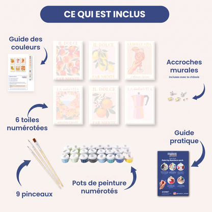 Contenu du coffret de 6 peintures par numéro : 6 toiles en lin numérotées, pots de peinture acrylique numérotés, 9 pinceaux, guide des couleurs, accroches murales et guide pratique.
