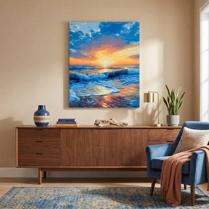 Tableau peinture par numéro Crépuscule en bord de mer accroché dans un intérieur décoré — Maison Artsen