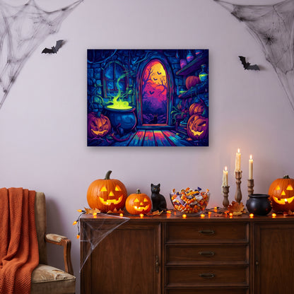 Tableau peinture par numéro Cuisine de la Sorcière accroché dans un salon décoré pour Halloween — Maison Artsen