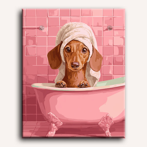 Peinture par numéro adulte Dachshund au Bain, visuel complet du design sur toile — Maison Artsen