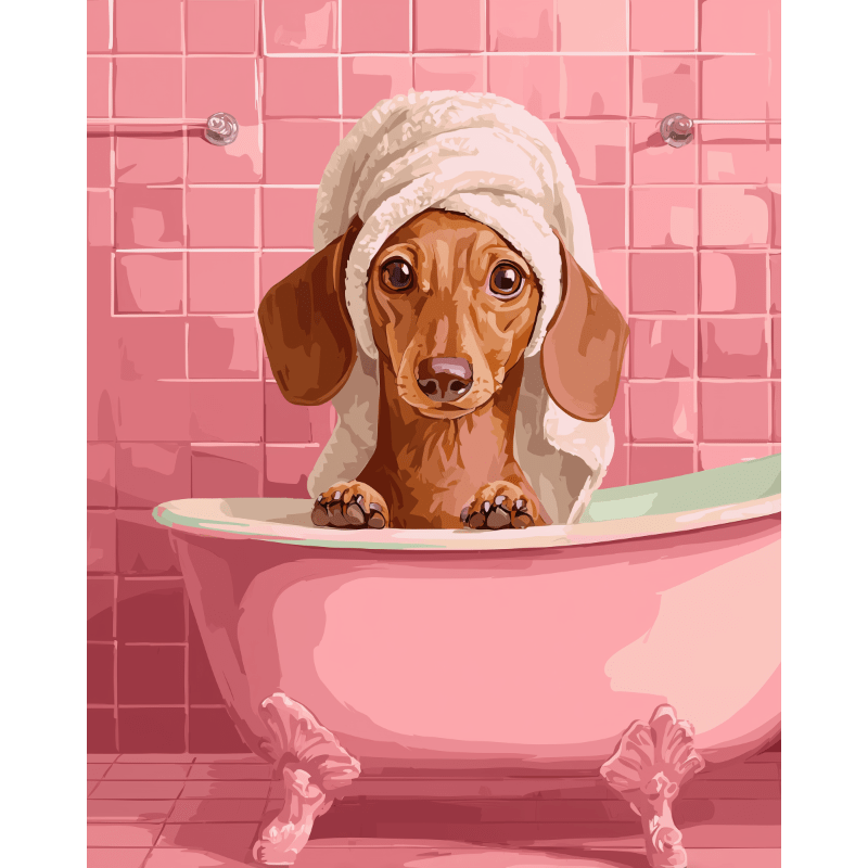 Peinture par numéro adulte Dachshund au Bain, visuel complet du design sur toile — Maison Artsen