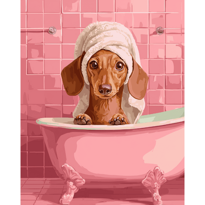 Peinture par numéro adulte Dachshund au Bain, visuel complet du design sur toile — Maison Artsen