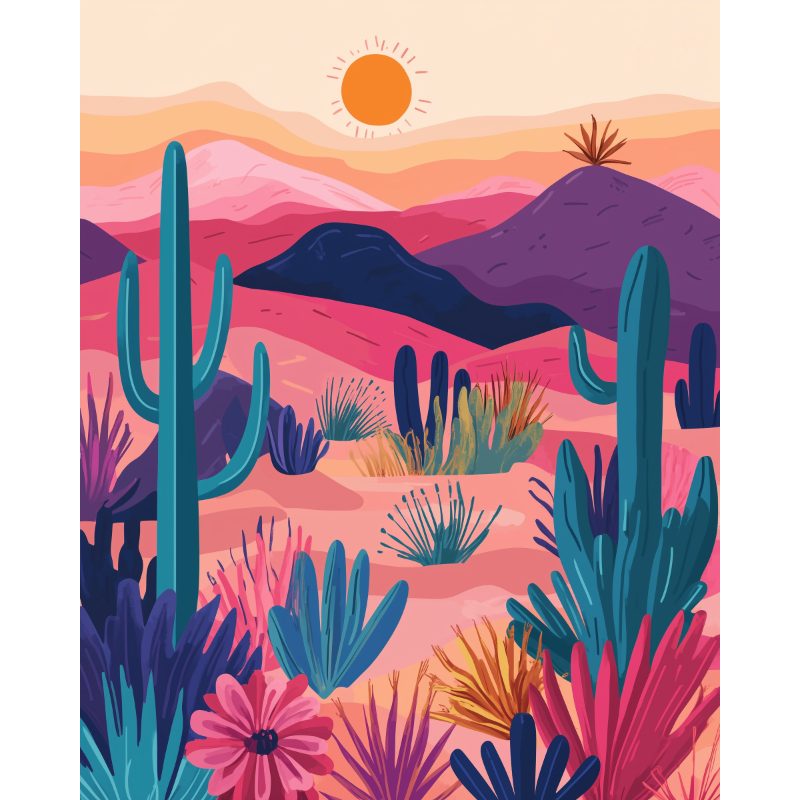 Tableau peinture par numéro Désert Coloré, cactus et montagnes roses — Maison Artsen