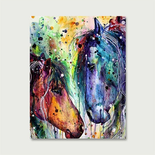 Peinture par numéro adulte Deux Chevaux à l'Aquarelle, visuel complet du design sur toile — Maison Artsen