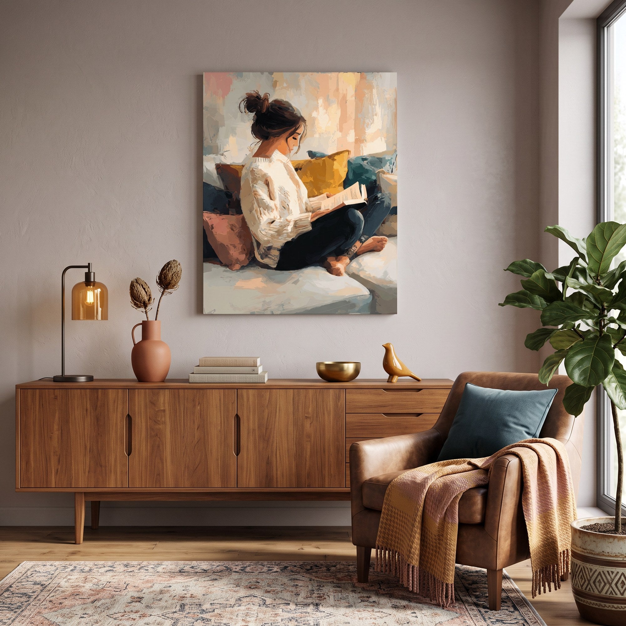 Tableau peinture par numéro Dimanche en Lecture accroché dans un intérieur décoré — Maison Artsen