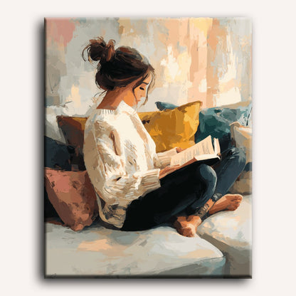 Peinture par numéro adulte Dimanche en Lecture, visuel complet du design sur toile — Maison Artsen