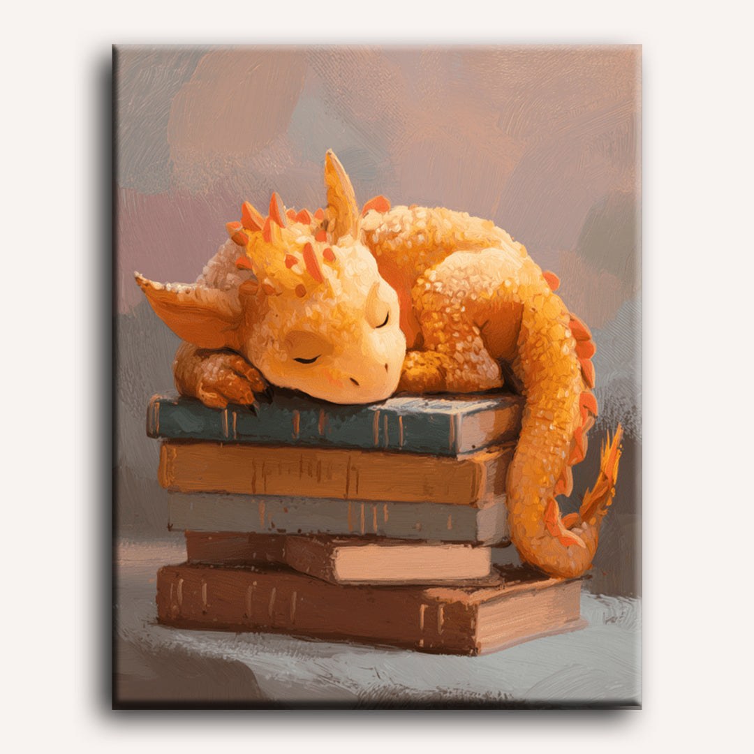 Peinture par numéro adulte Dragon Endormi sur les Livres, visuel complet du design sur toile — Maison Artsen