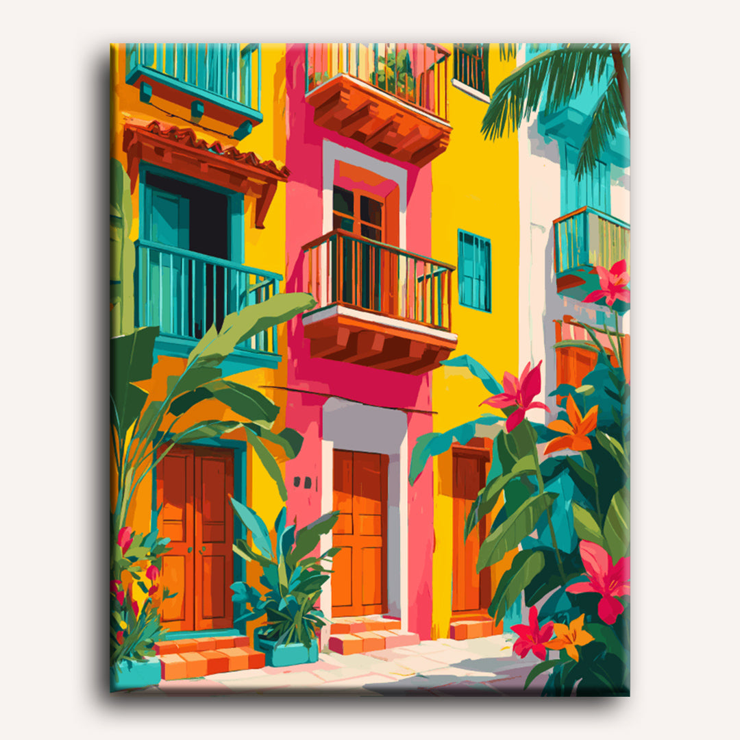 Tropical Facades Paint-by-Numbers Kit displayed as wall art – Maison Artsen