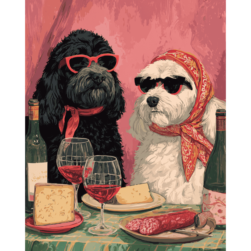 Peinture par numéro adulte Chiens Stylisés, visuel complet du design sur toile — Maison Artsen