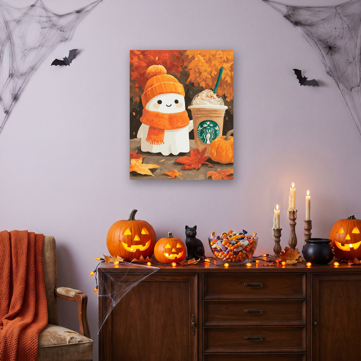 Tableau peinture par numéro Fantôme au Bonnet Orange accroché dans un salon décoré pour Halloween — Maison Artsen