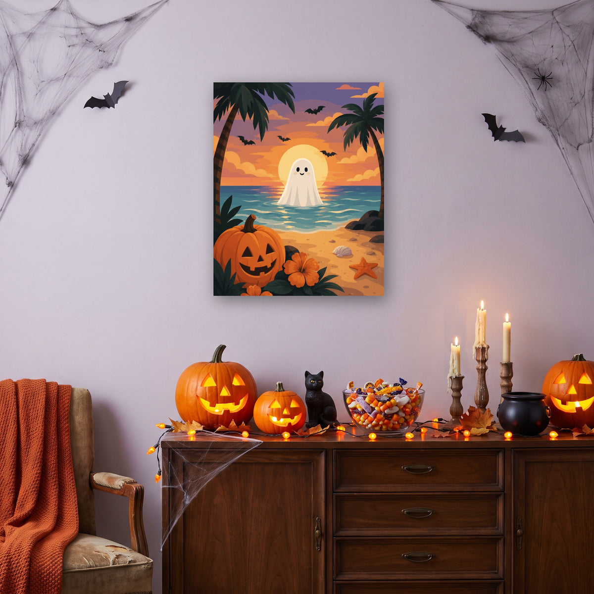 Tableau peinture par numéro Fantôme au Coucher de Soleil accroché dans un salon décoré pour Halloween — Maison Artsen