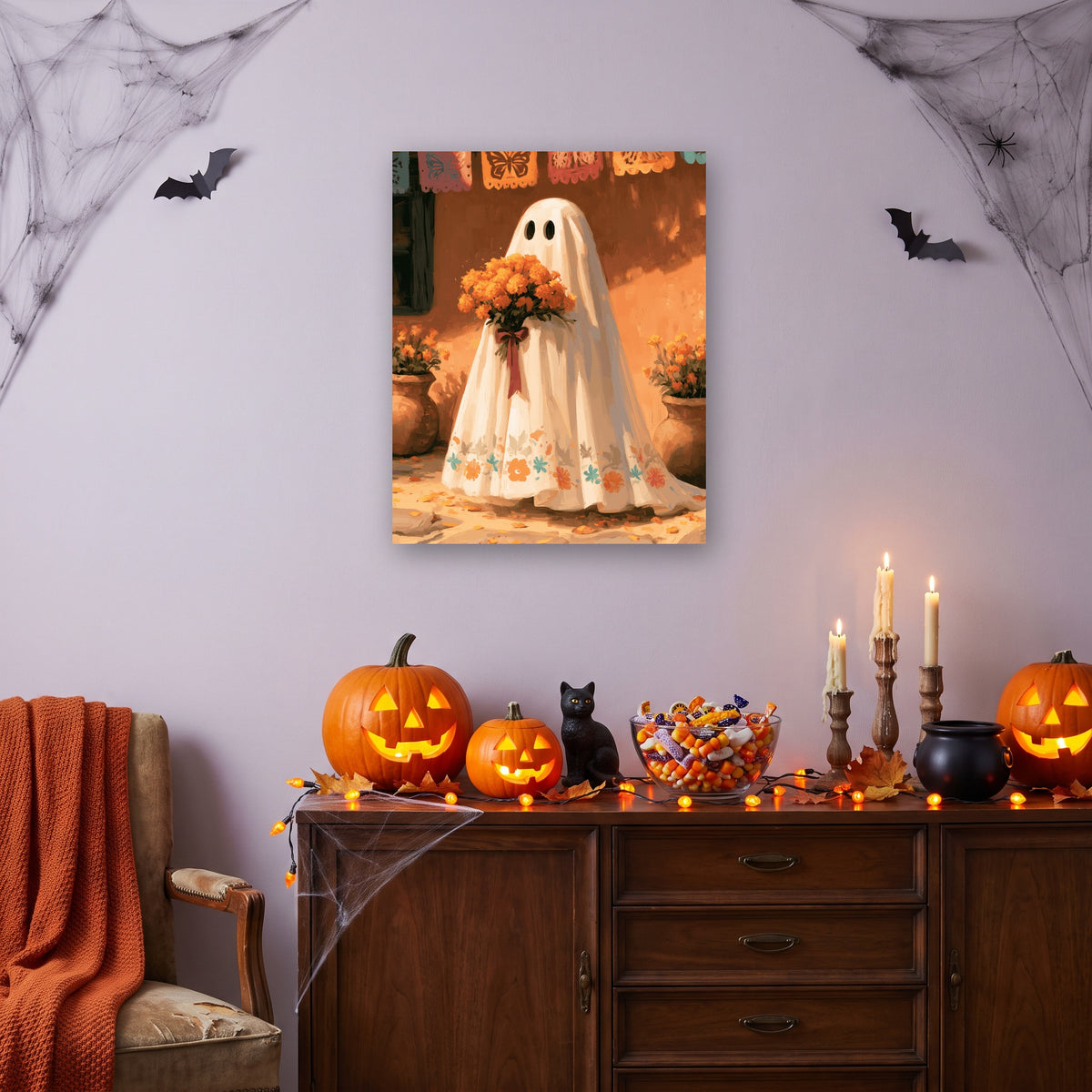 Tableau peinture par numéro Fantôme en Fête accroché dans un salon décoré pour Halloween — Maison Artsen
