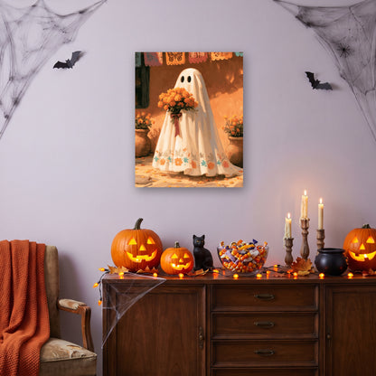 Tableau peinture par numéro Fantôme en Fête accroché dans un salon décoré pour Halloween — Maison Artsen