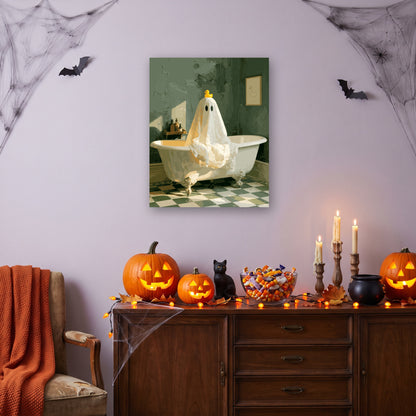 Tableau peinture par numéro Fantôme et Canard Jaune accroché dans un salon décoré pour Halloween — Maison Artsen
