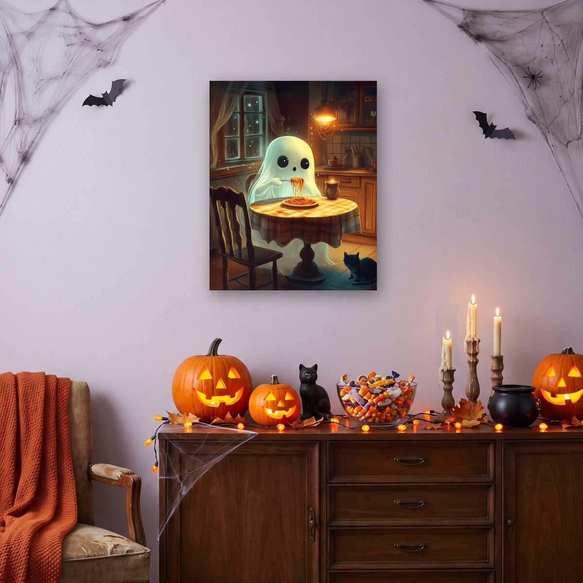 Tableau peinture par numéro Fantôme Gourmand accroché dans un intérieur décoré, Maison Artsen