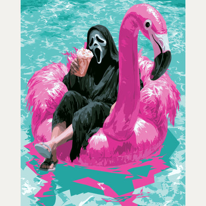 Peinture par numéro adulte Fantôme sur Flamant Rose, visuel complet du design — Maison Artsen
