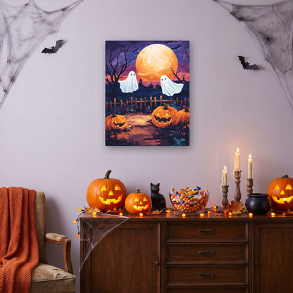 Tableau peinture par numéro Fantômes du Jardin accroché dans un salon décoré pour Halloween — Maison Artsen